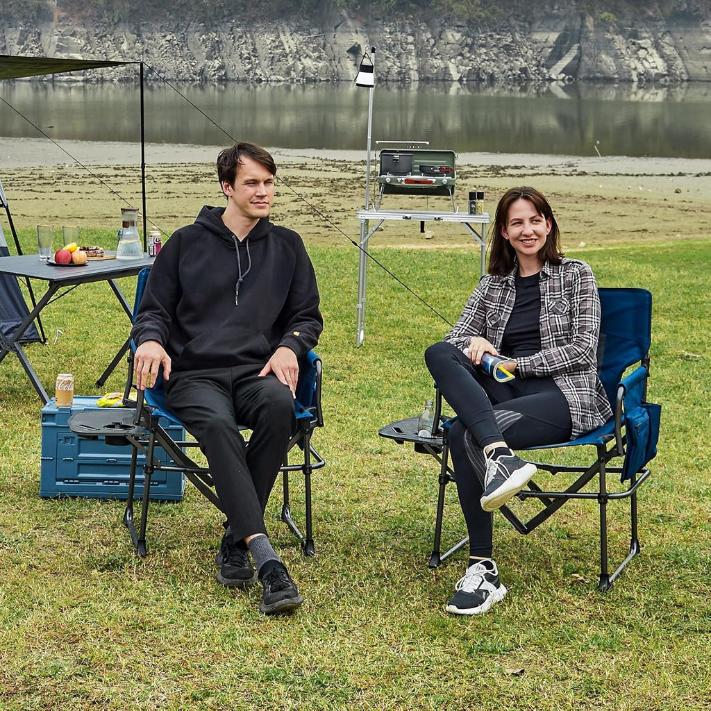 EVER ADVANCED Camping Directors' Chair with Side Table, Portable Folding Chair with Compact Size, Heavy Duty Lawn Chair with Pocket for Camping, Lawn, Sports and Fishing, 400lbs, Blue 2 Pack