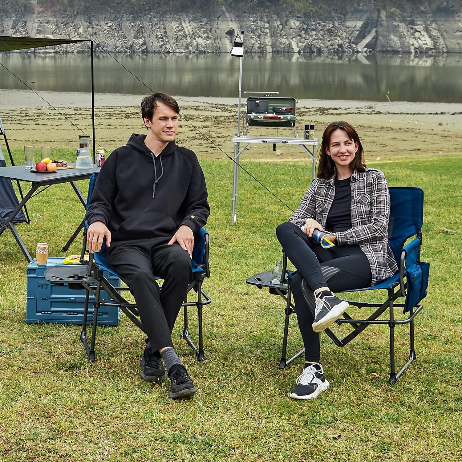 EVER ADVANCED Camping Directors' Chair with Side Table, Portable Folding Chair with Compact Size, Heavy Duty Lawn Chair with Pocket for Camping, Lawn, Sports and Fishing, 400lbs, Blue 2 Pack