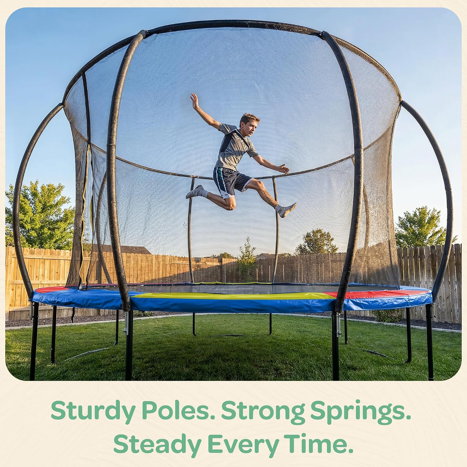 JoyBerri Trampoline Outdoor - Upsurge ASTM Certified Safe 8Ft 10Ft 12Ft 14Ft 15Ft 16Ft Recreational Trampoline for Kids and Adults. Anti-Rust Coating with Enclosure Net, Ladder, Sprinkler & LED Lights