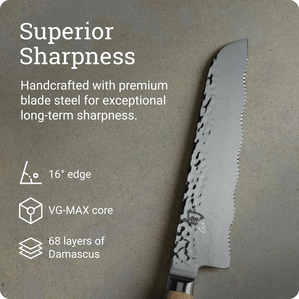Shun Premier Blonde 7' Master Serrated Utility Knife, Handcrafted Japanese Knife, VG-MAX Core with Damascus Stainless Steel Cladding, Pakkawood Handle, Precision and Sharpness
