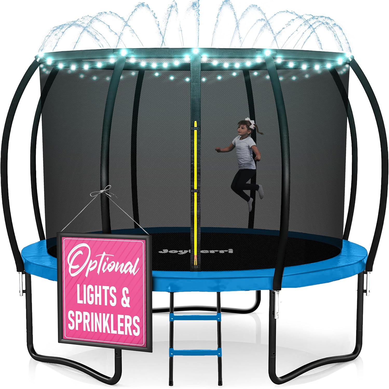 JoyBerri Trampoline Outdoor - Upsurge ASTM Certified Safe 8Ft 10Ft 12Ft 14Ft 15Ft 16Ft Recreational Trampoline for Kids and Adults. Anti-Rust Coating with Enclosure Net, Ladder, Sprinkler & LED Lights