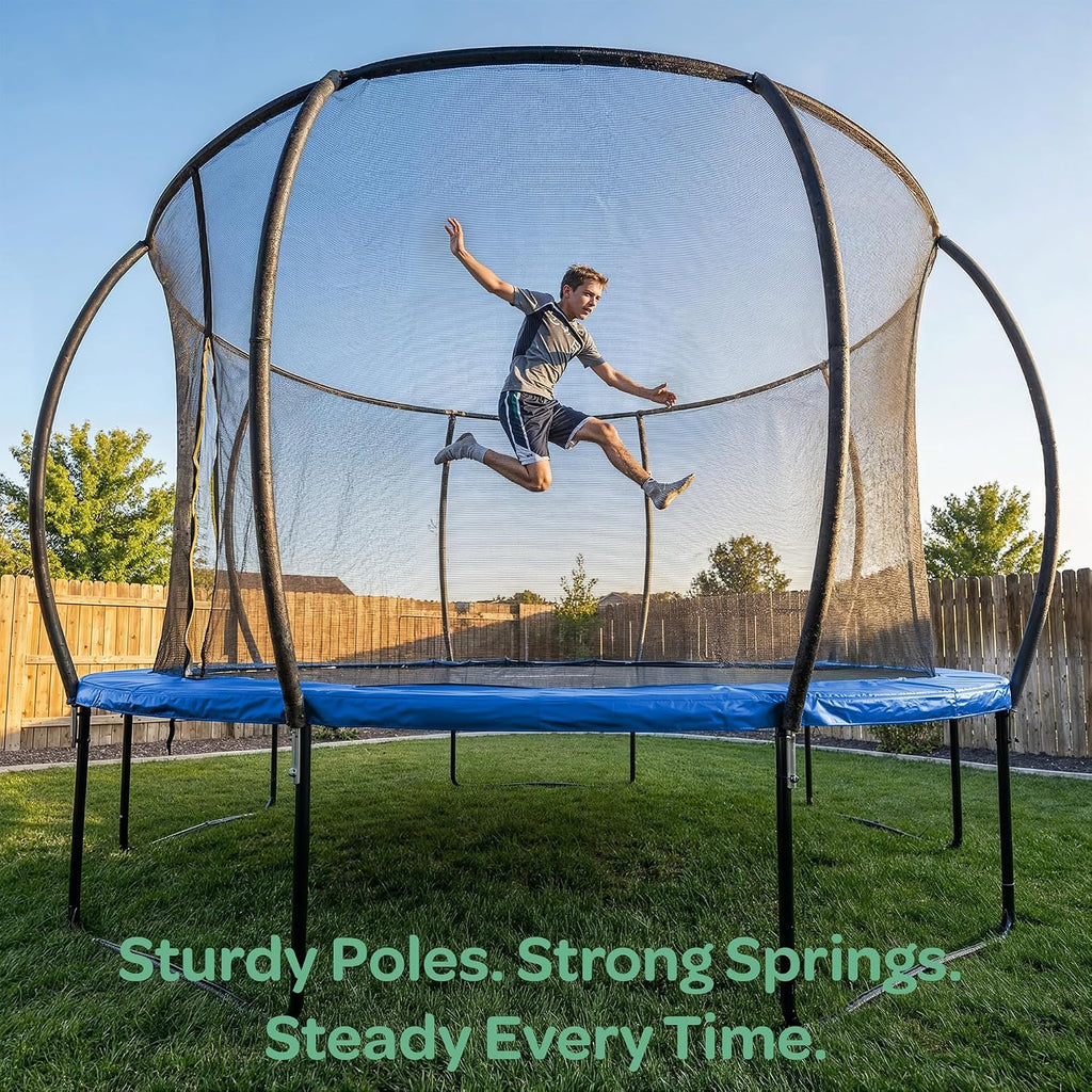 JoyBerri Trampoline Outdoor - Upsurge ASTM Certified Safe 8Ft 10Ft 12Ft 14Ft 15Ft 16Ft Recreational Trampoline for Kids and Adults. Anti-Rust Coating with Enclosure Net, Ladder, Sprinkler & LED Lights