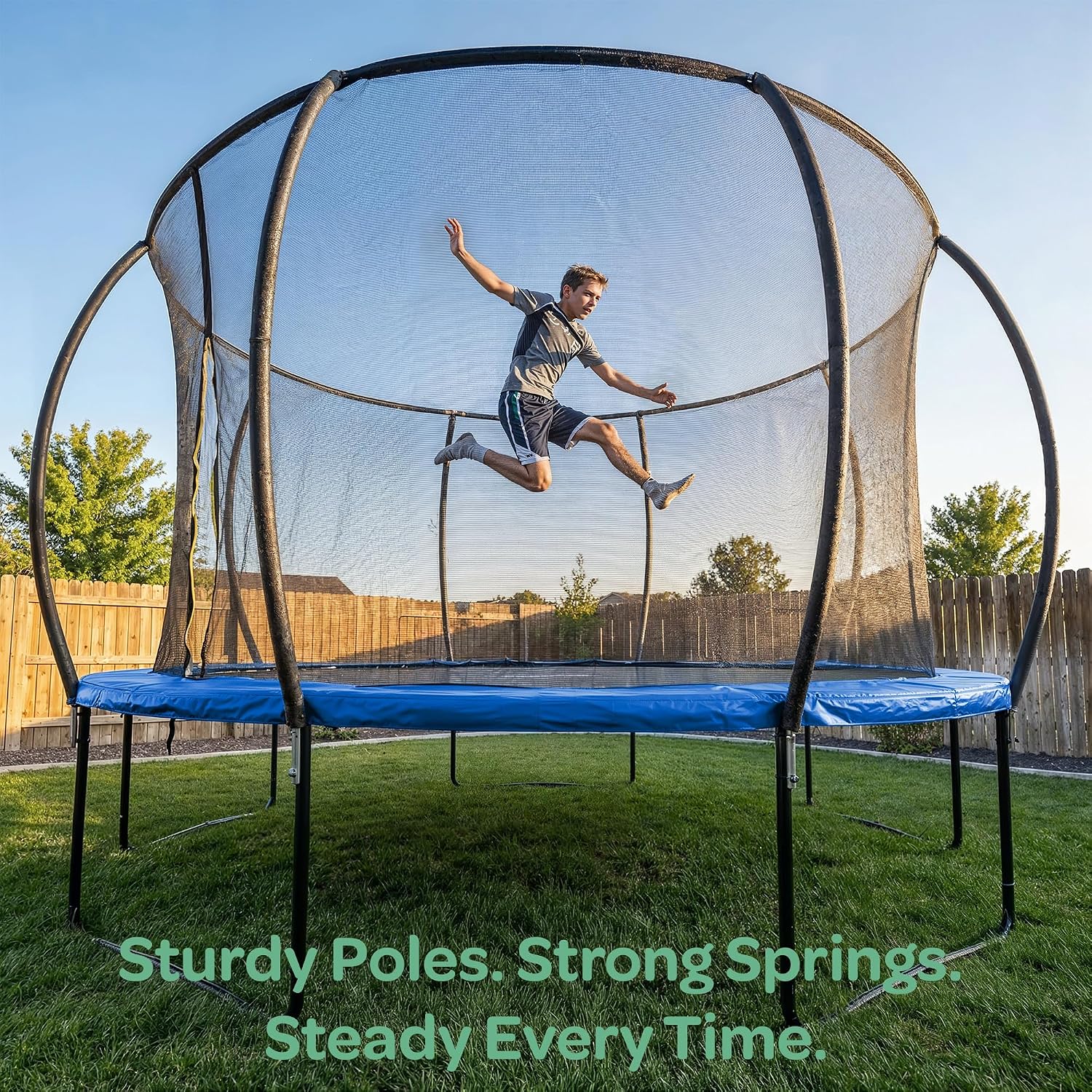 JoyBerri Trampoline Outdoor - Upsurge ASTM Certified Safe 8Ft 10Ft 12Ft 14Ft 15Ft 16Ft Recreational Trampoline for Kids and Adults. Anti-Rust Coating with Enclosure Net, Ladder, Sprinkler & LED Lights