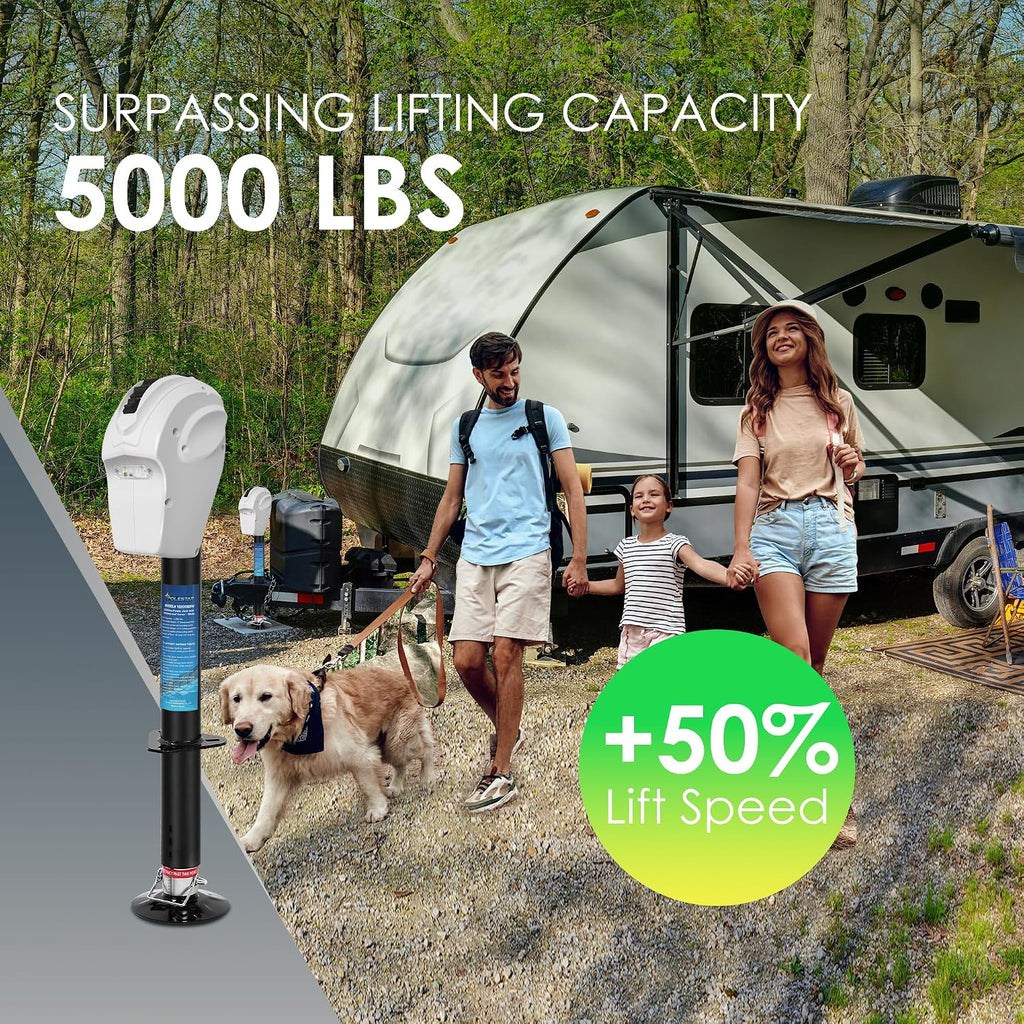 POLESTAR Electric Trailer Jack 5000lbs, A-Frame RV Electric Power Tongue Jack with Waterproof Protective Cover & LED Light, Electric Jacks for Travel Trailers Camper, RV, 12V DC, White, 22.5' Lift
