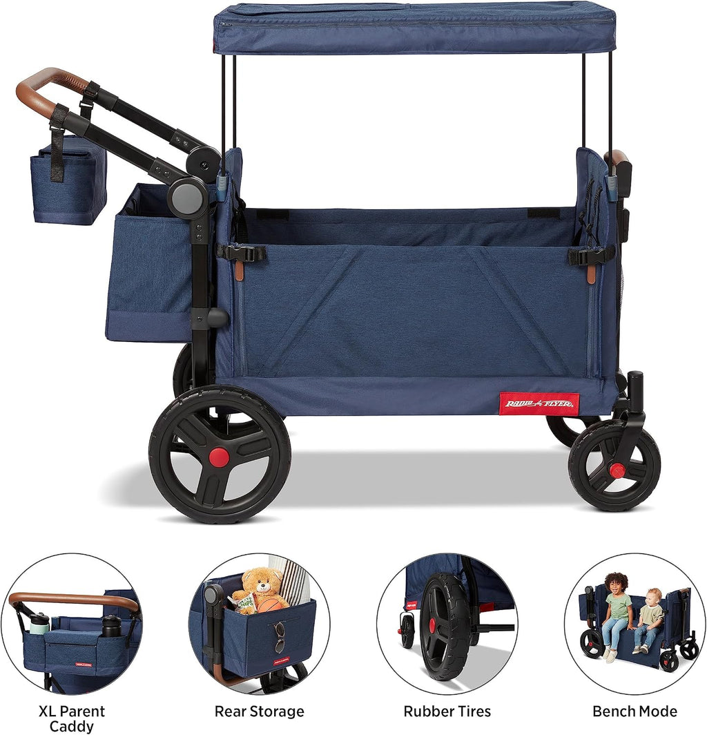 Radio Flyer Atlas Stroll 'N Wagon, Navy Blue, For Ages 1+, 3-in-1 Push or Pull Versatility, One-Hand Fold, UV Canopy, 5-Point Harnesses, Storage Capabilities, Rubber Wheels, Stroller Wagon for Kids