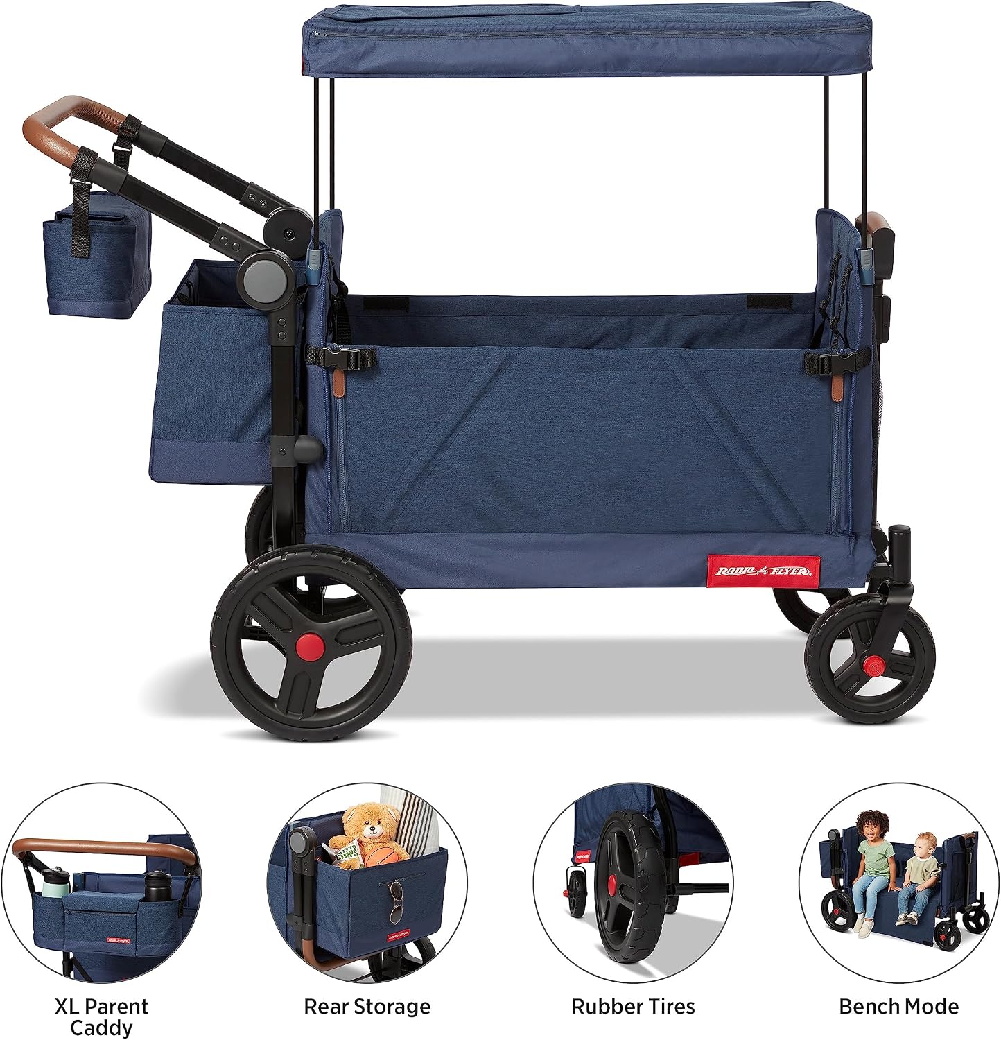 Radio Flyer Atlas Stroll 'N Wagon, Navy Blue, For Ages 1+, 3-in-1 Push or Pull Versatility, One-Hand Fold, UV Canopy, 5-Point Harnesses, Storage Capabilities, Rubber Wheels, Stroller Wagon for Kids
