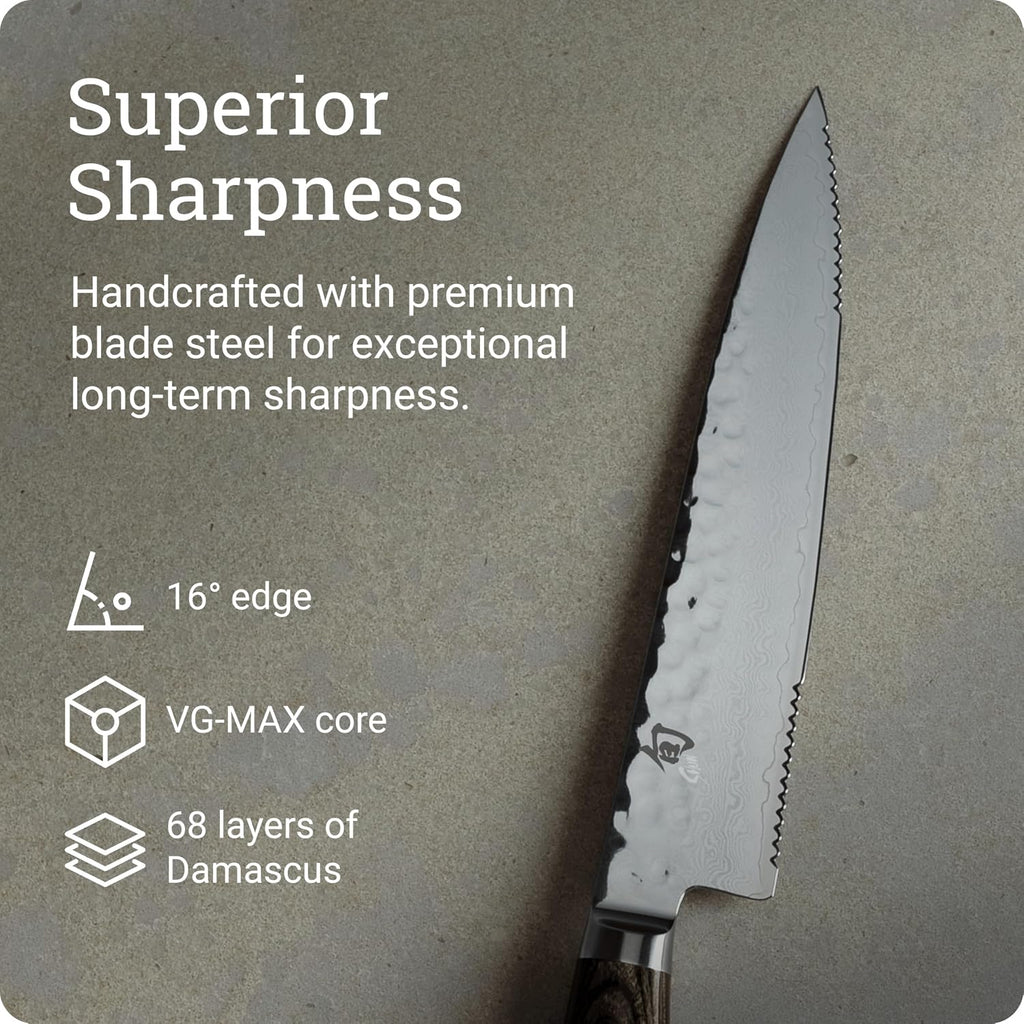 Shun Premier 6.5' Serrated Utility Knife, Handcrafted Japanese Knife, VG-MAX Core with Damascus Stainless Steel Cladding, Pakkawood Handle, Precision and Sharpness for Professional and Home Chefs