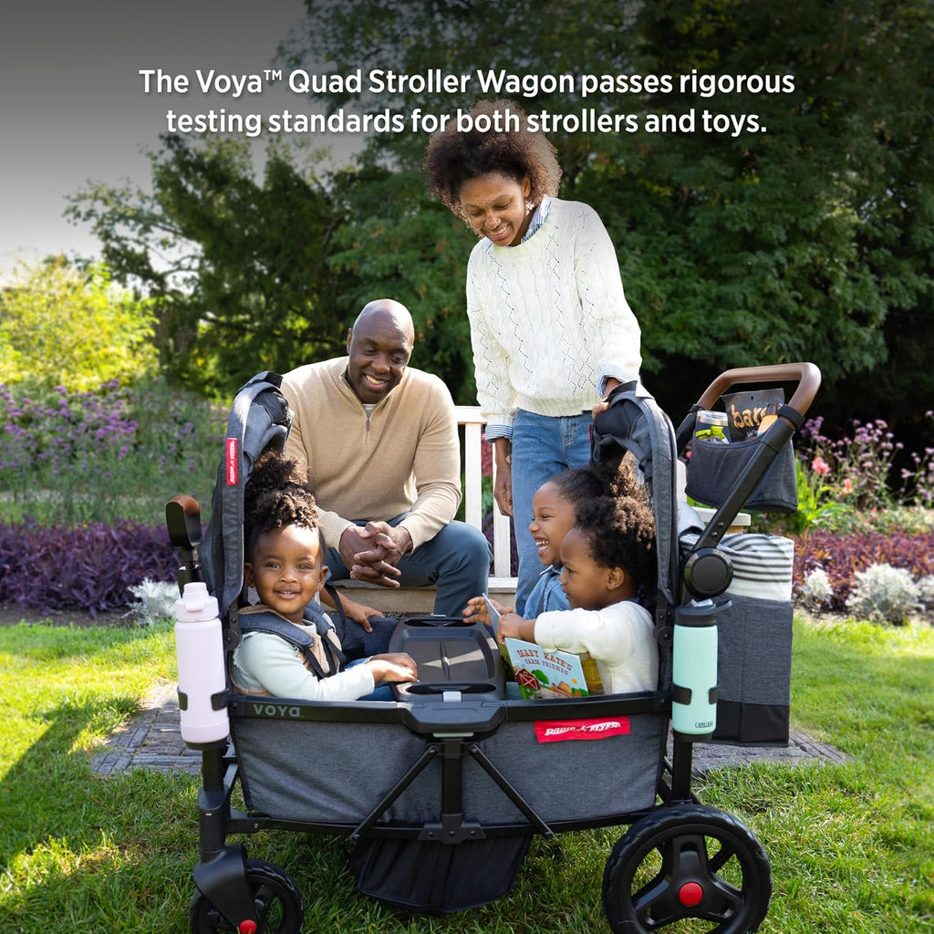 Radio Flyer Voya Quad Stroller Wagon, for Toddlers and Kids 6+ Months, Push or Pull, 4 Seats, Dual Sun Canopies, Compact Fold, Lightweight, Storage Space, 5-Point Harnesses, Stroller Wagon for Kids