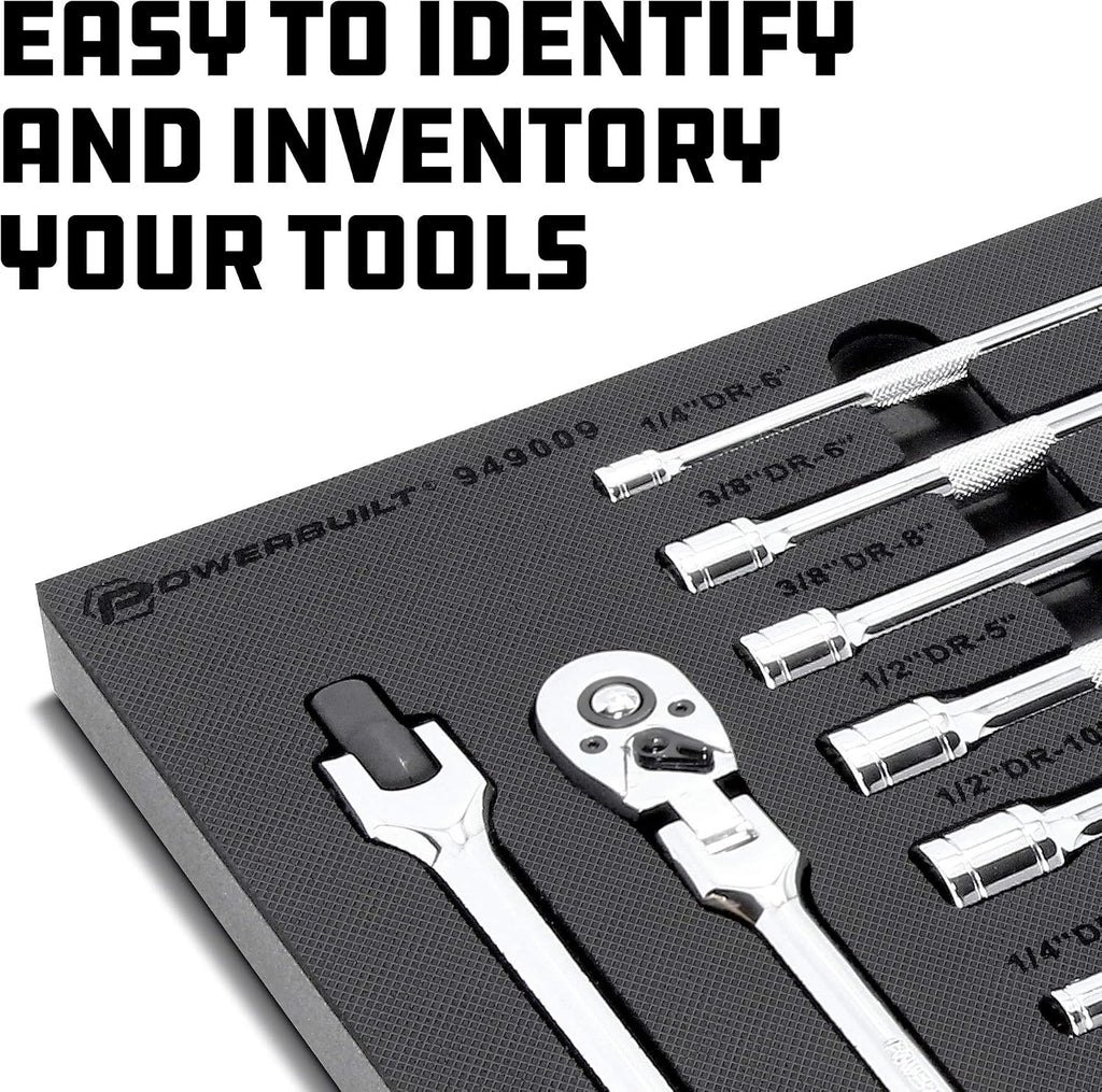 Powerbuilt Master Ratchet and Accessories Set, 16 Piece, 1/4, 3/8, and 1/2 Inch Drive Tools, Extension Bars, Universal Joints, Storage Tray - 949009