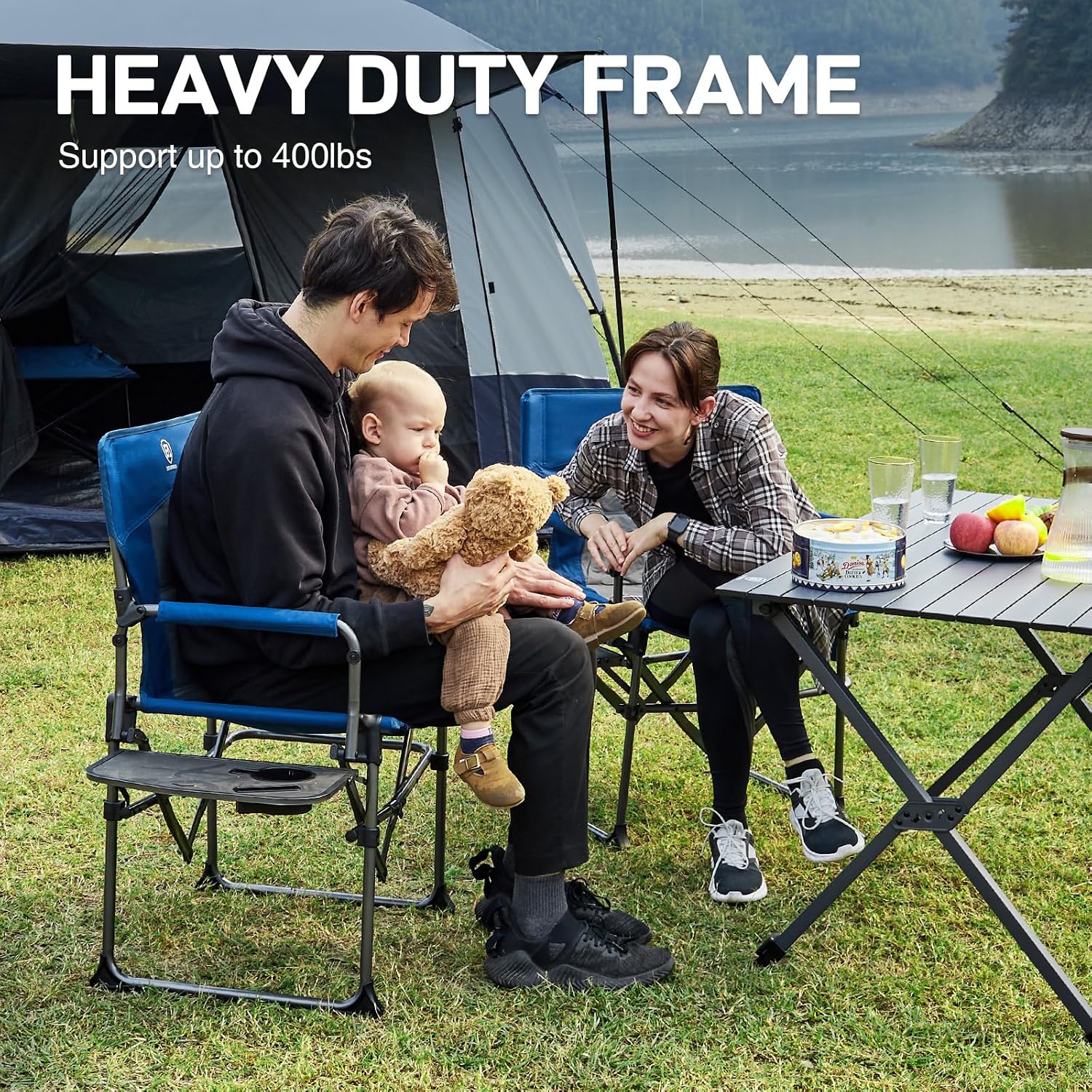 EVER ADVANCED Camping Directors' Chair with Side Table, Portable Folding Chair with Compact Size, Heavy Duty Lawn Chair with Pocket for Camping, Lawn, Sports and Fishing, 400lbs, Blue 2 Pack