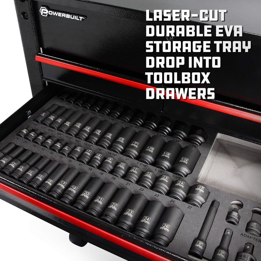 Powerbuilt Master 63 Piece 1/2-Inch Drive Impact Socket Set, Extensions, Metric&SAE Deep/Standard Impact Socket, Universal Joint and Adapter, Cr-Mo Steel, EVAs torage Tray - 949012