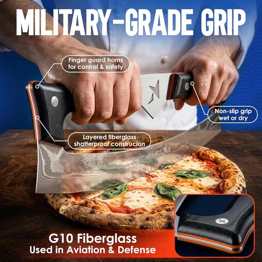 KitchenStar Pizza Cutter Rocker Knife 16-inch with Damascus VG10 Steel Blade, Heavy Duty Mezzaluna Slicer, Ergonomic G10 Handle, Professional Pizza Knife Cutter with Leather Sheath Cover