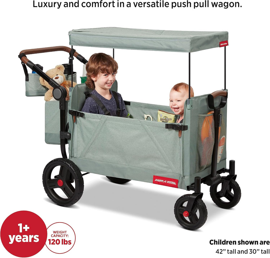 Radio Flyer Atlas Stroll 'N Wagon, Sage Green, for Ages 1+, 3-in-1 Push or Pull Versatility, One-Hand Fold, UV Canopy, 5-Point Harnesses, Storage Capabilities, Rubber Wheels, Stroller Wagon for Kids