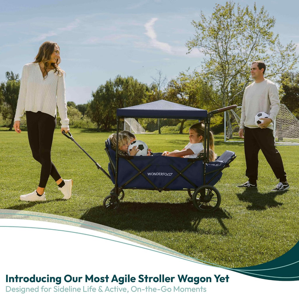 WONDERFOLD X4R Rev Stroller Wagon (4 Seater) - Collapsible Stroller Wagon with 5-Point Seatbelt Harnesses, Reclining Seats & Footwells, Black