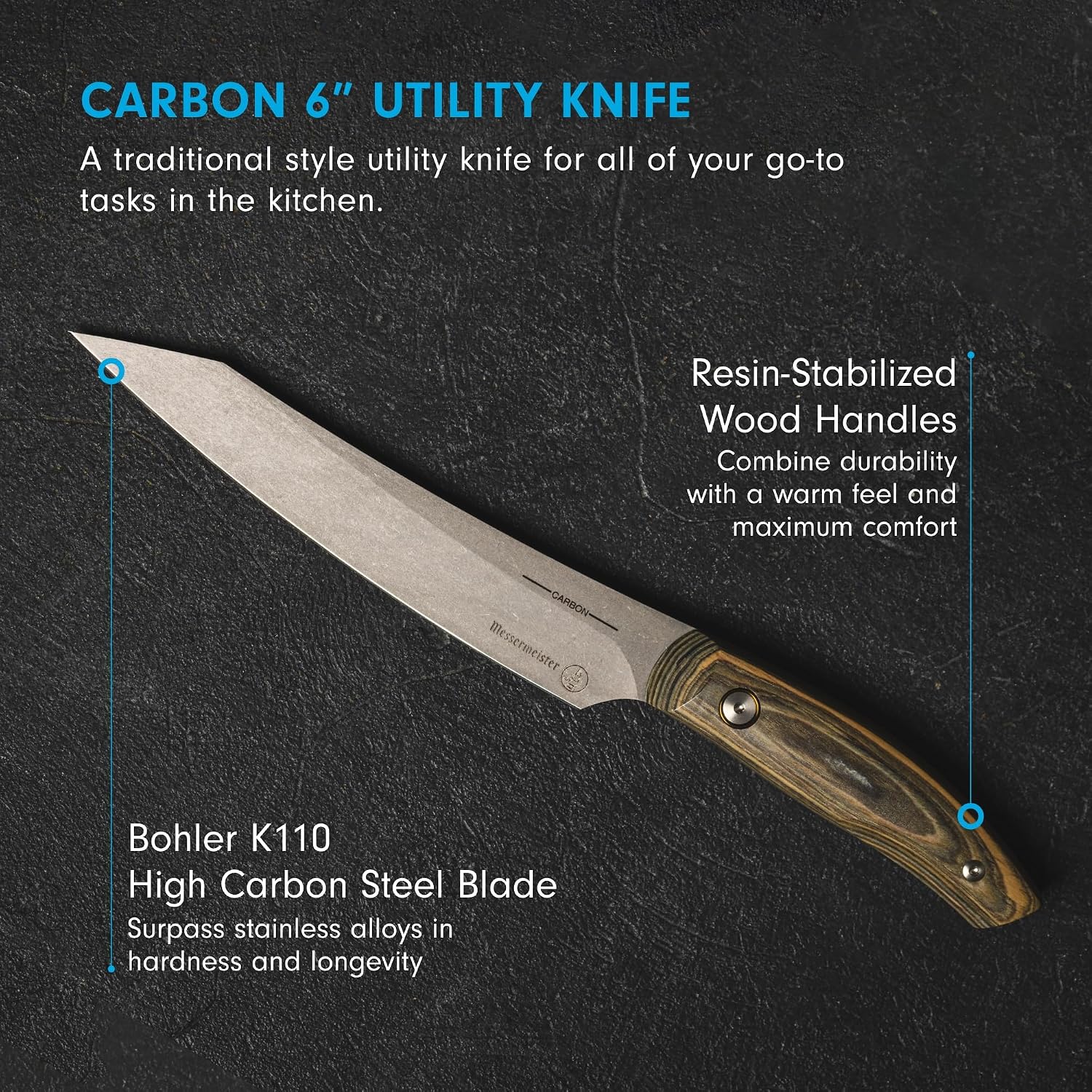 Messermeister Carbon 6' Utility Knife - Bohler K110 High Carbon Steel with a Ceramic Stonewash Finish - Resin-Stabilized Wood Handles - Handcrafted in Maniago, Italy