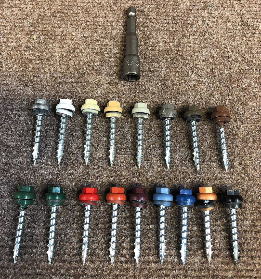 #12 Long Life Metal Roofing Screws (500 Count) -1.5' Long Shaft-Metal to Wood- OSB Replacement Screws -Domed Cap Screw Head EPDM Washer- Free 5/16' Hex Bit Driver! (500, Zinc)