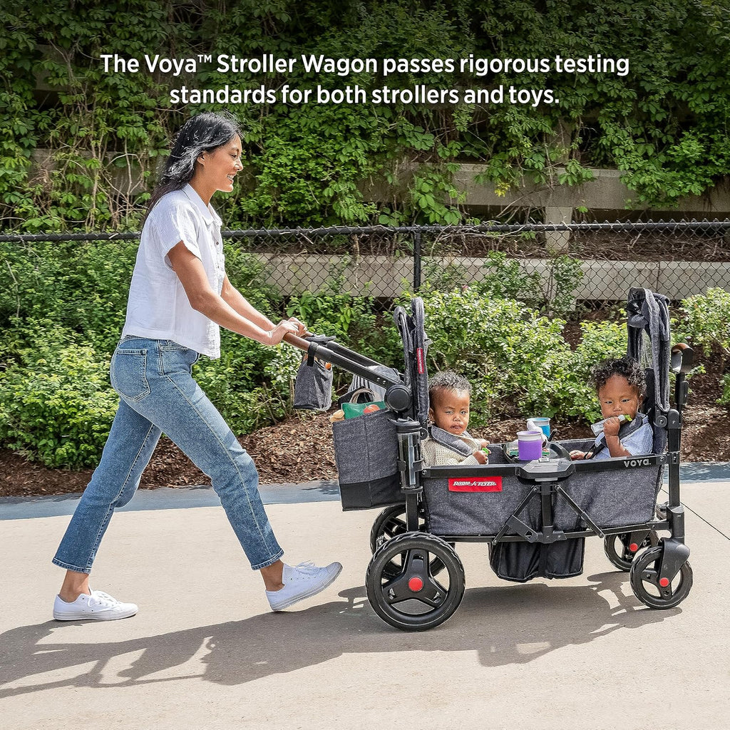 Radio Flyer Voya Stroller Wagon, for Toddlers and Kids 6+ Months, Push or Pull, 2 Seats, Dual Sun Canopies, Compact Fold, Lightweight, Storage Space, 5-Point Harnesses, Stroller Wagon for Kids