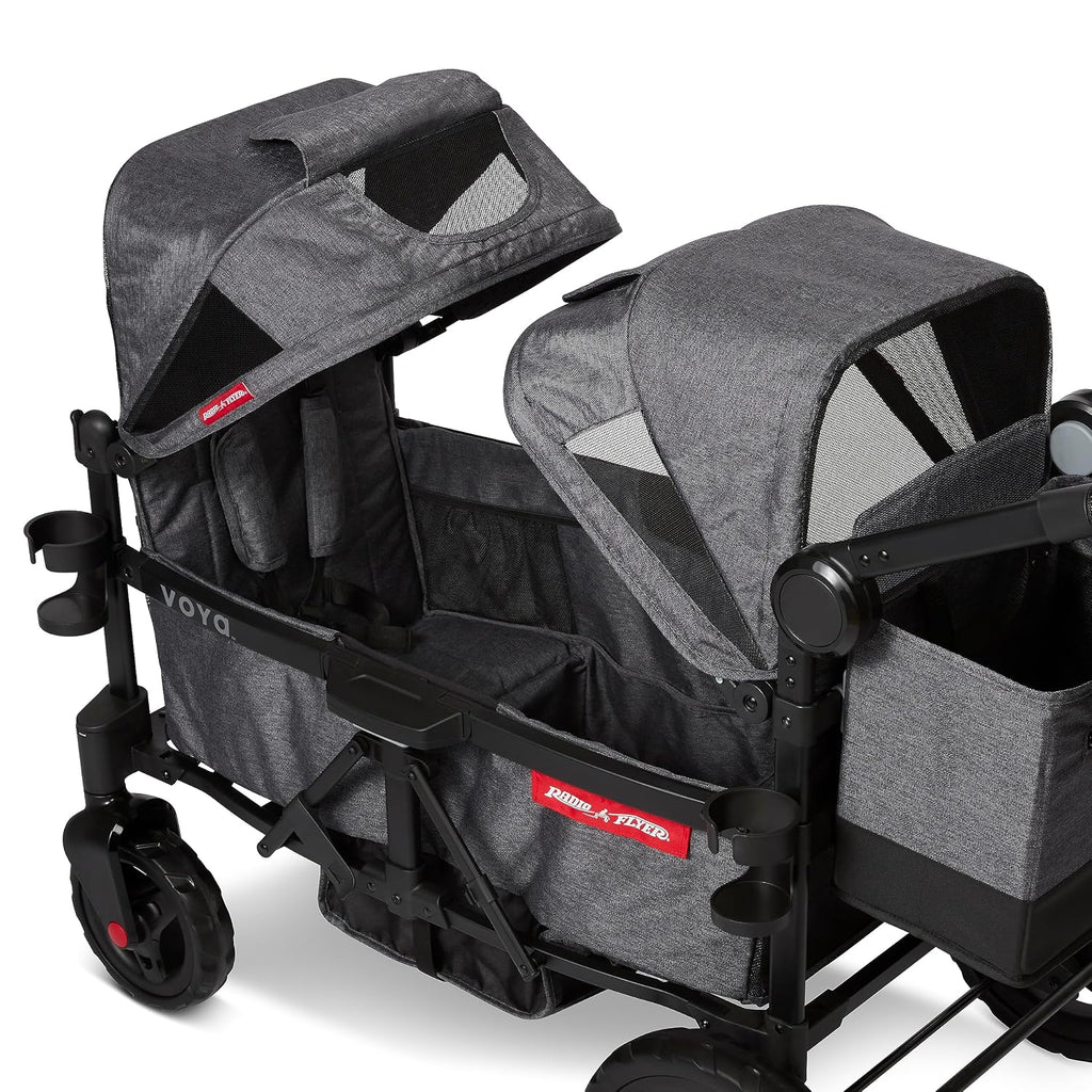 Radio Flyer Voya Stroller Wagon, for Toddlers and Kids 6+ Months, Push or Pull, 2 Seats, Dual Sun Canopies, Compact Fold, Lightweight, Storage Space, 5-Point Harnesses, Stroller Wagon for Kids